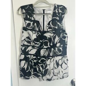 Emma James Blouse 12 Black White Tropical Floral Sleeveless Country Club NWT